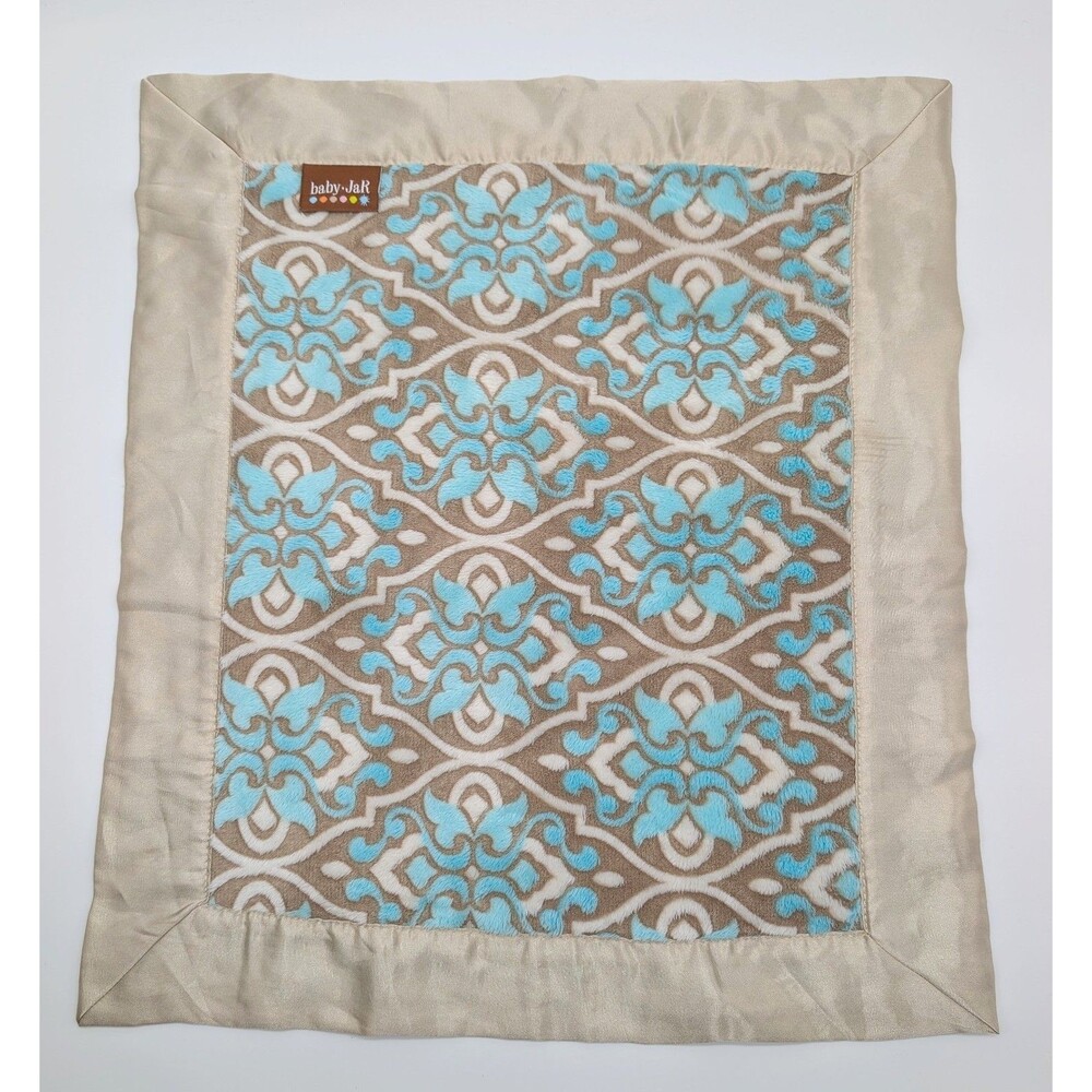 Baby JaR Lovey Lovie Security Blanket Satin Back Trim Aqua Blue Tan Tapestry